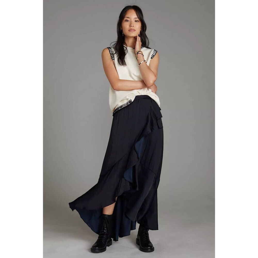 Anthropologie Maeve Ruffled Wrap Maxi Skirt Size XL in Black Blue Side Tie Flowy